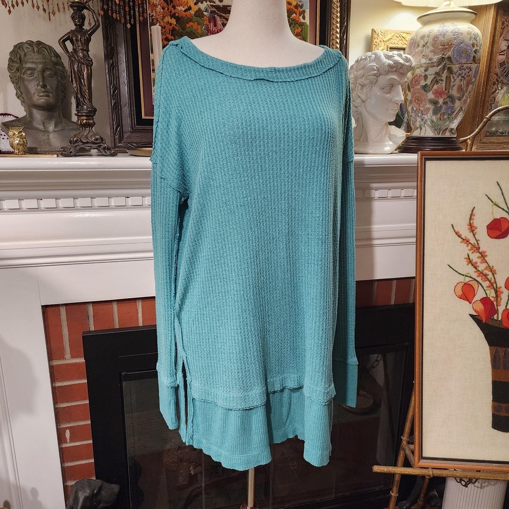 Free People We The Free Northshore Thermal Tunic Teal Green‎ Waffle Knit Large
